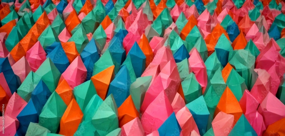 Poster a vibrant abstract composition of overlapping paper cutouts in various shades of pink, blue, green, 