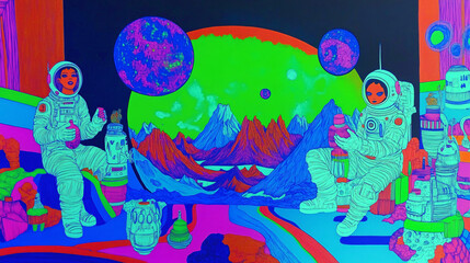 Fototapeta premium Astronauts in a Neon Landscape