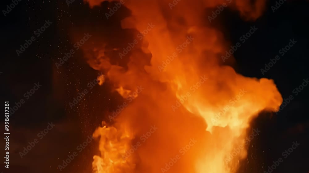 Poster fiery inferno rages in the dark night. billowing orange flames and smoke fill the air. creating a sc