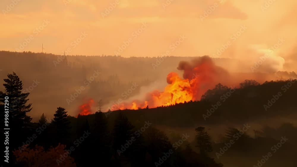 Poster witness the devastating wildfire tearing through forest trees on hills, enveloping the landscape in 