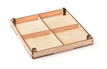 Empty wooden four compartments packaging tray