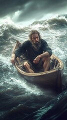 Man rowing small boat on tumultuous ocean waves, depicting struggle and raw force of sea.