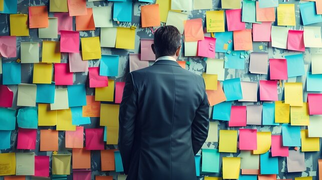 Businessman Examining Wall of Notes for Goal Oriented Tasks to Accomplish