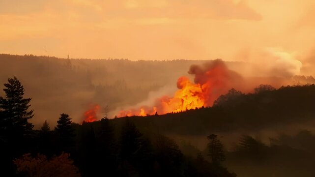 Witness the devastating wildfire tearing through forest trees on hills, enveloping the landscape in smoke. Sunset intensifies the scene, creating a harrowing view of the wilderness