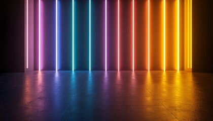 Abstract neon light beams in vivid colors, stretching vertically and reflecting off a glossy floor, futuristic energy, dynamic color spectrum