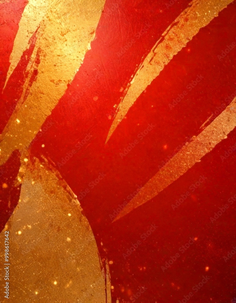 Poster a striking abstract composition of red and gold hues, with splashes of gold and red creating a dynamic and textured effect