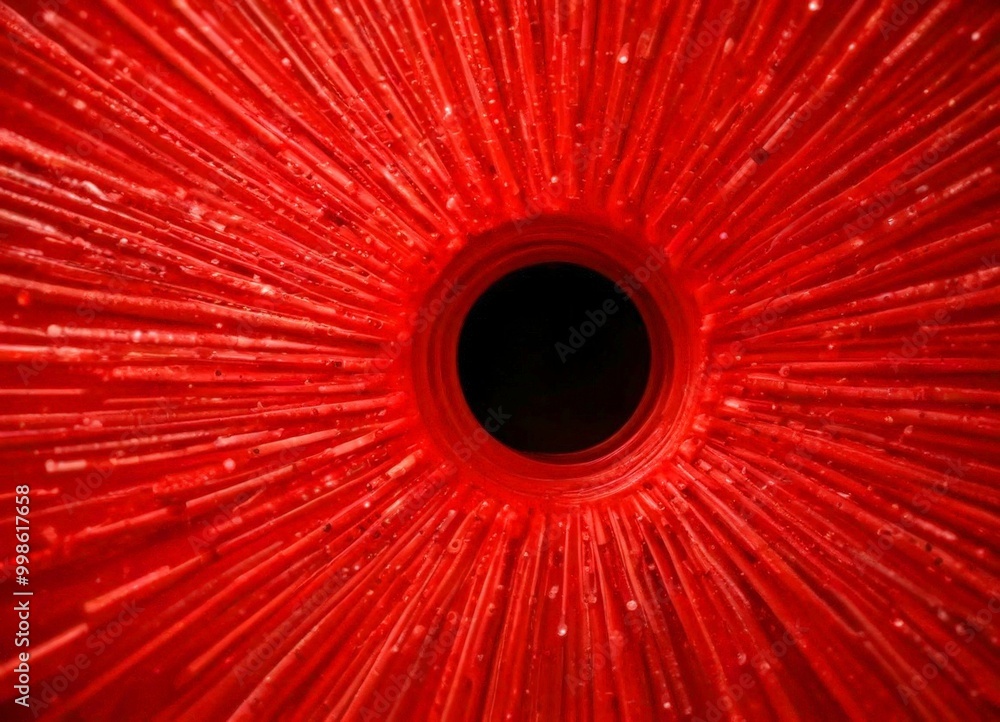 Poster a close-up view red, textured surface with a circular opening in the center, resembling a sunburst p