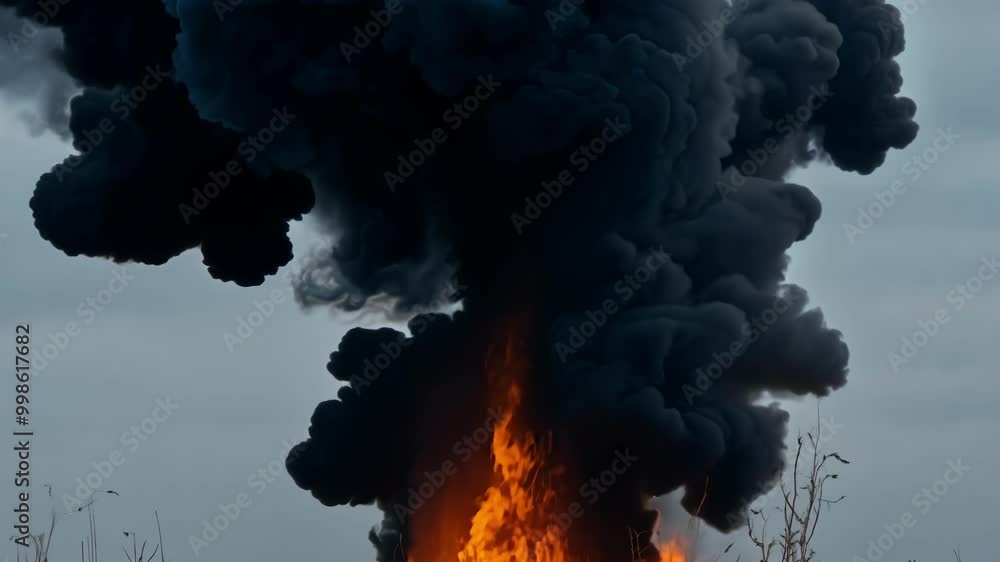 Poster massive black smoke cloud is rising high into the sky from a large fire, creating a dramatic scene o