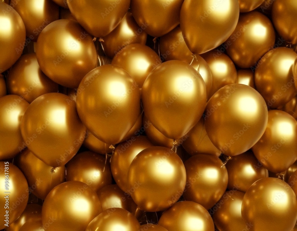 Poster A close-up view of numerous gold-colored balloons floating in the air, creating a visually striking and festive atmosphere
