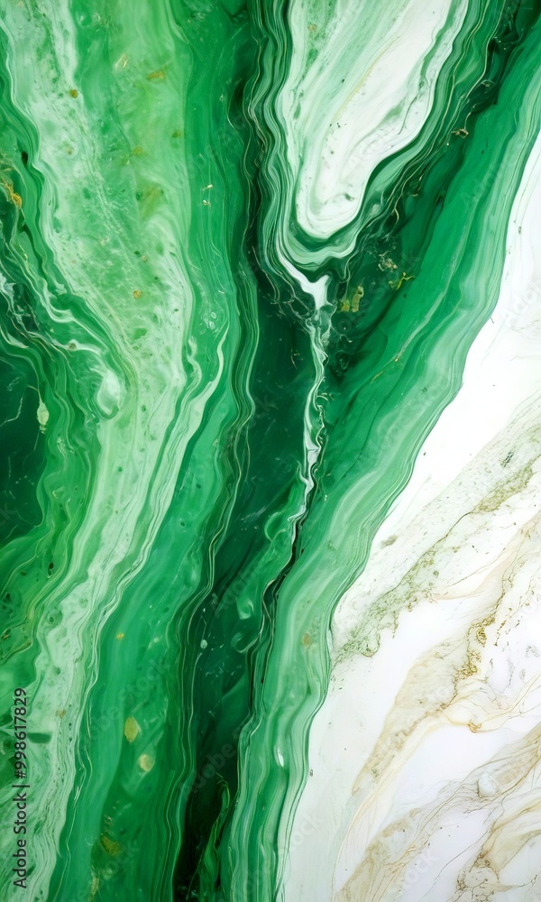 Poster a close-up view marble-like surface with a swirling pattern of green and white colors, resembling th