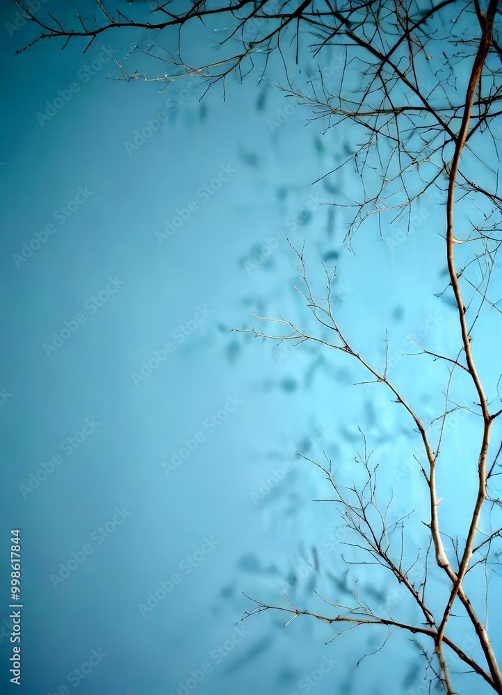 Poster a close-up view bare tree branch against a light blue background, with a blurred, indistinct pattern