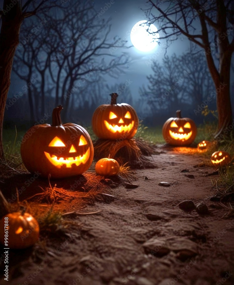 Aufkleber Three jack-o'-lanterns with carved faces stand on a dirt path in a dark forest, illuminated by the soft glow of the full moon