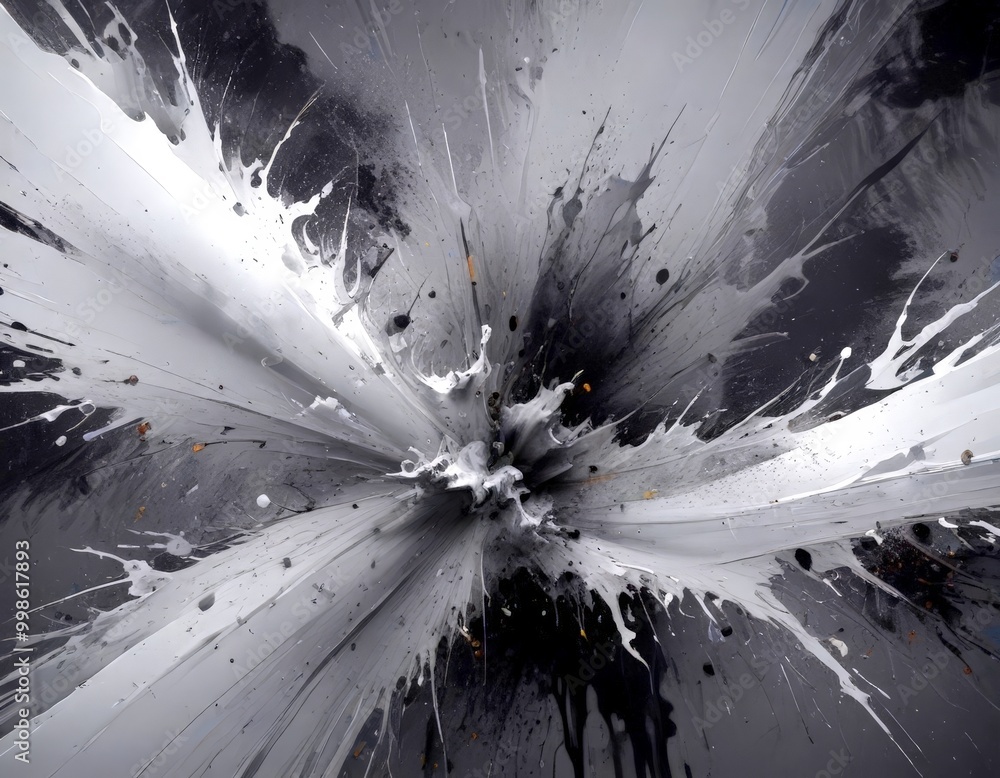 Fototapete a chaotic explosion, with a dark background and a stark contrast of white and black The explosion is characterized by a large central point surrounded by radiating lines