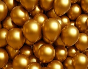 A close-up view of numerous gold-colored balloons floating in the air, creating a visually striking and festive atmosphere