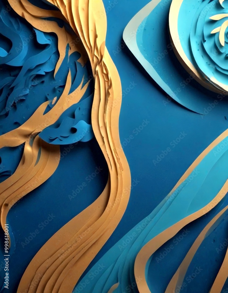 Poster a digital art piece featuring abstract shapes and patterns in shades of blue and gold, with a textur