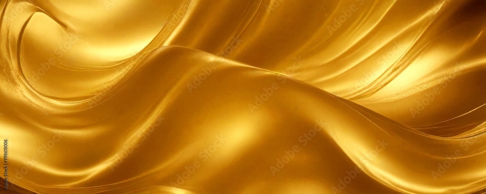 Poster a close-up view golden, flowing fabric with a wave-like pattern, creating a sense of movement and depth