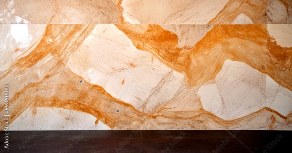 Poster a large, abstract marble wall with a mix of light and dark brown hues, creating a sense of depth and