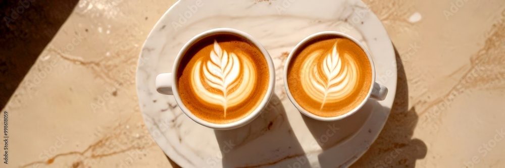 Poster two cups of coffee with intricate latte art sit on a marble surface, bathed in soft sunlight