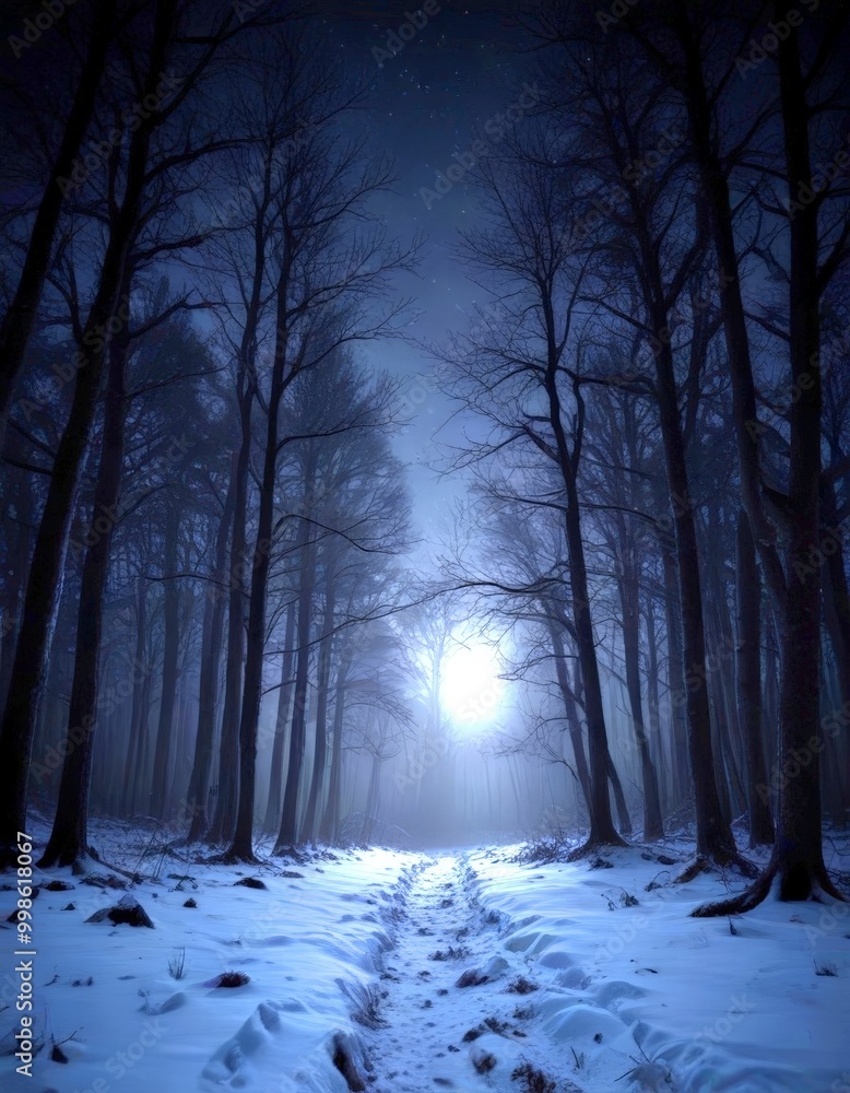 Aufkleber a moonlit forest path, with bare trees and a full moon, creates a serene and ethereal atmosphere