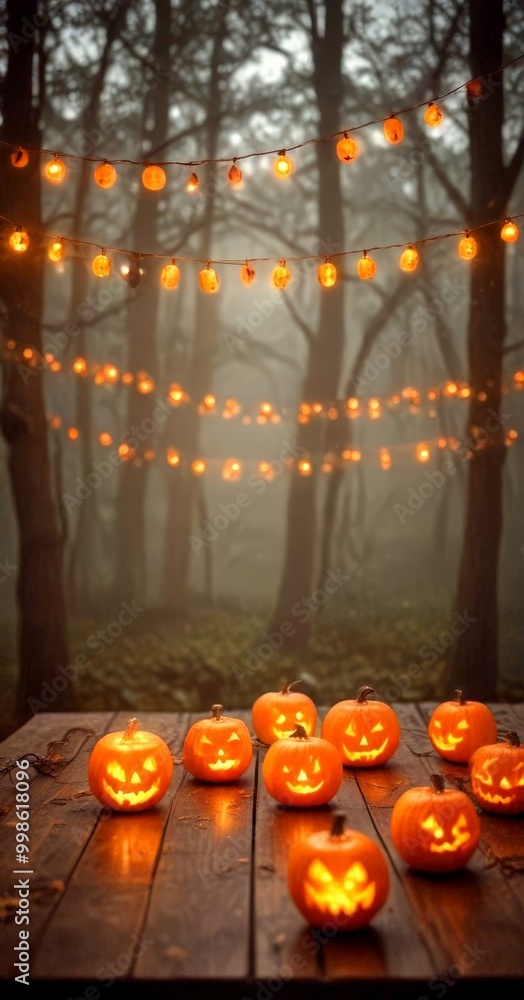 Aufkleber A Halloween scene with a wooden table displaying nine jack-o'-lanterns, each with a carved face, and strings of lights hanging above
