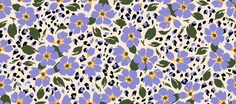 Exotic hand drawn flowers print, seamless patterns with floral and leopard for fabric, textiles, clothing, poster, cover, banner, wall art, home decor, abstract backgrounds.