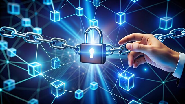 Concepto de seguridad de blockchain: mano interactuando con candado