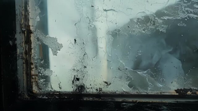 Cracked glass in old window frame shows aftermath of disaster with lingering smoke, conveying destruction, danger, and grunge. Evokes emergency and violence