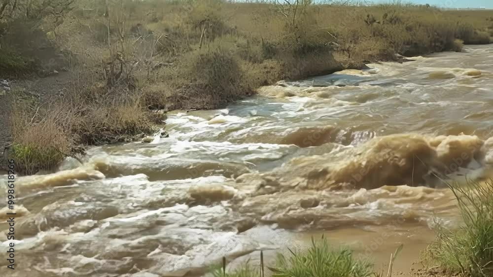 Aufkleber The river floods after a storm, causing damage and danger with its powerful flow. The muddy waters reflect the impact of climate change on natural disasters