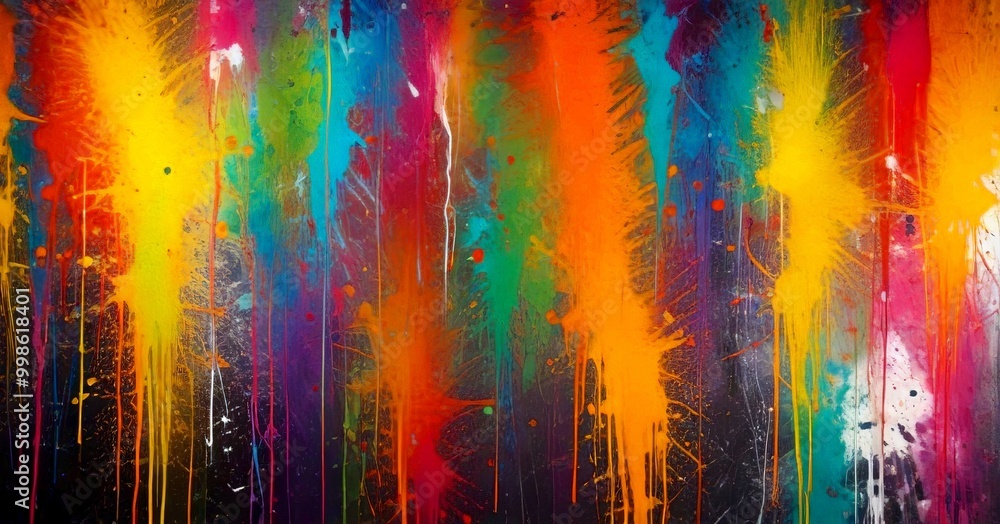 Poster an abstract painting featuring a vibrant array of colors, including yellow, orange, green, blue, and