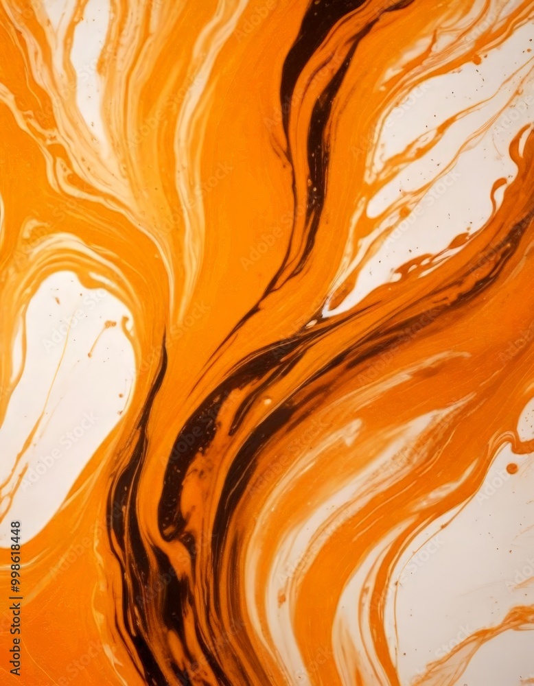 Poster a close-up view of an abstract painting with a swirling pattern of orange and black paint The paint appears to be in motion, creating a dynamic and energetic visual effect