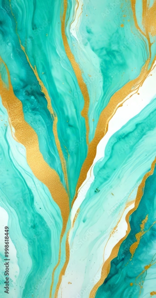 Poster a striking abstract pattern with turquoise and gold hues, creating a sense of movement and fluidity The pattern is composed of vertical and horizontal lines, with gold
