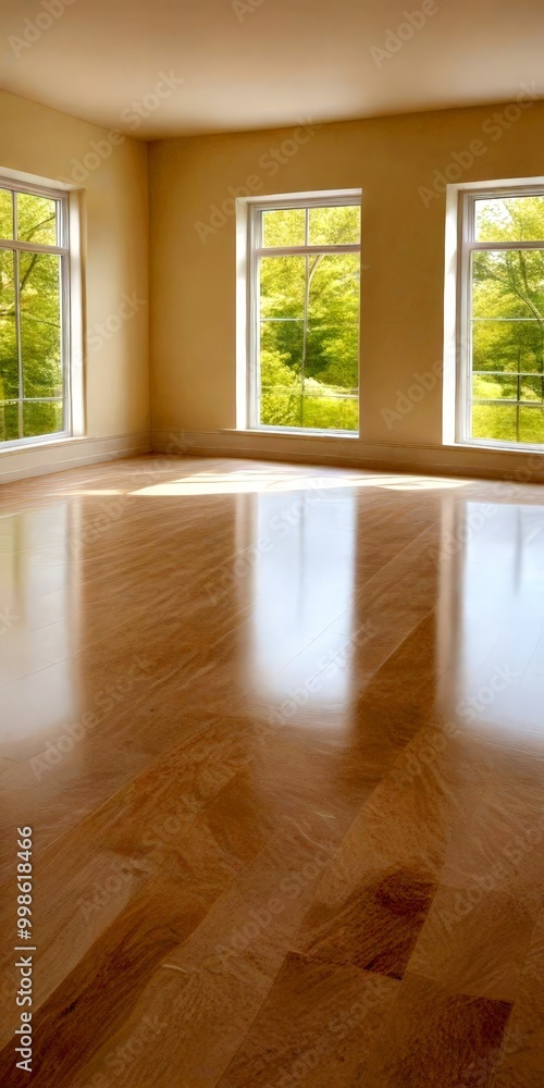 Poster a bright, empty room with a large window overlooking a lush green landscape