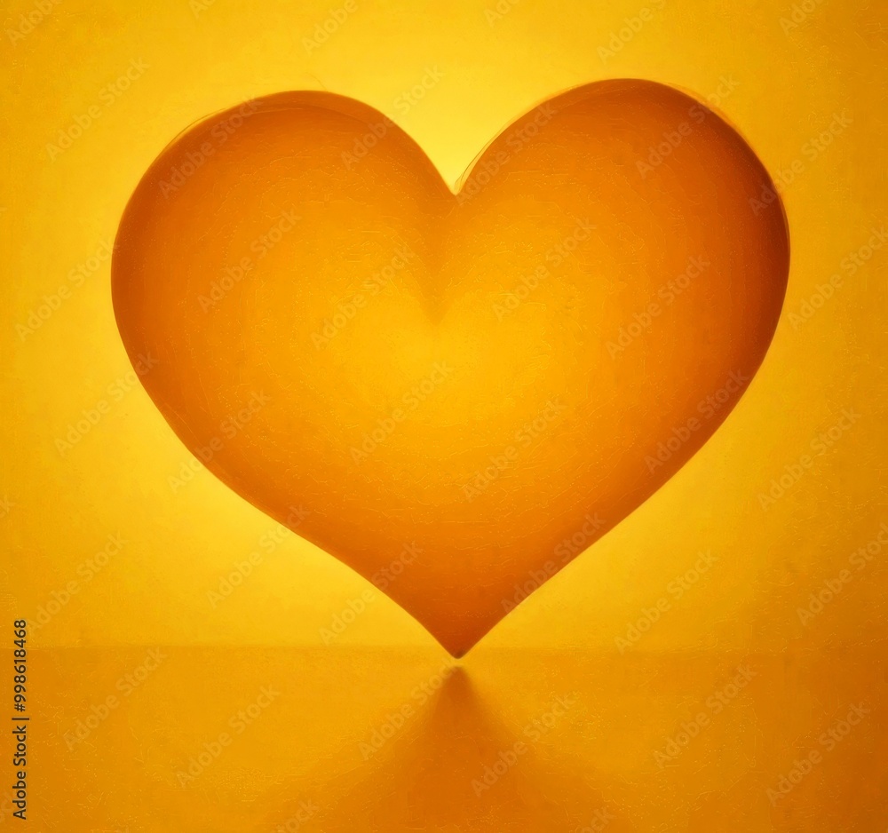 Poster A large orange heart-shaped object is centered against a yellow background, casting a shadow on the ground below