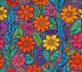 a vibrant, hand-drawn pattern of flowers and leaves in various shades of orange, yellow, pink, and purple against a dark purple background