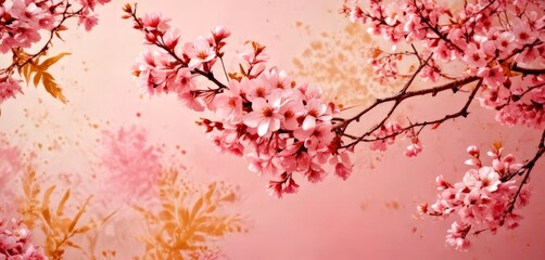 Fototapeta premium A close-up view of cherry blossoms in full bloom, with delicate pink flowers and green leaves against a soft pink background