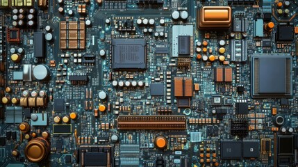 A complex arrangement of microchips, data RAM, and circuitry processors on a motherboard, representing cutting-edge technology.