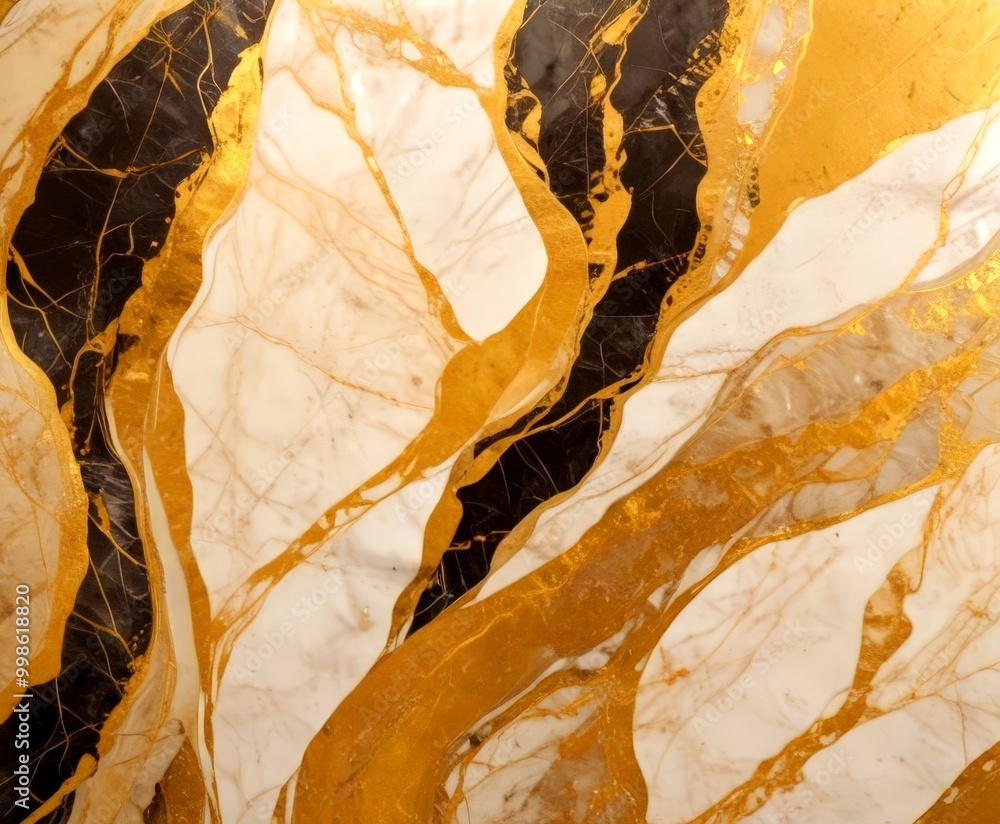 Poster a close-up view marble surface with a striking pattern of gold and black swirls and lines