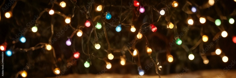 Aufkleber A close-up view string of multicolored Christmas lights, with the lights glowing in various colors against a dark background