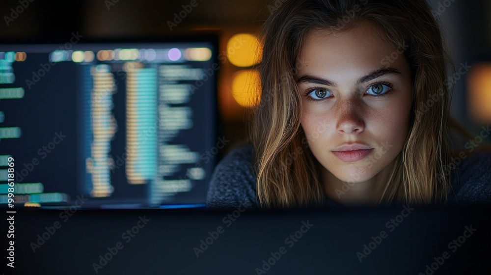 Leinwandbilder a woman is staring at a computer screen with a lot of code on it