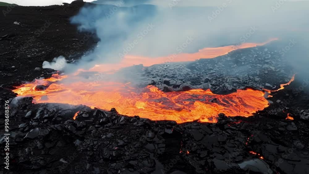 Poster red hot lava flowing from the mouth of a volcano, creating a dramatic and dangerous scene of glowing