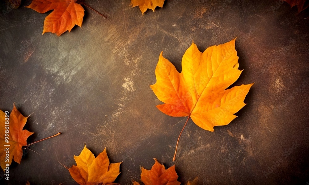 Poster a close-up view of several vibrant orange and yellow maple leaves scattered across a dark, textured 