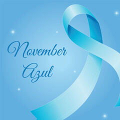 Novembro Azul Campaign Banner with Ribbon on Blue Fabric Background. Blue November