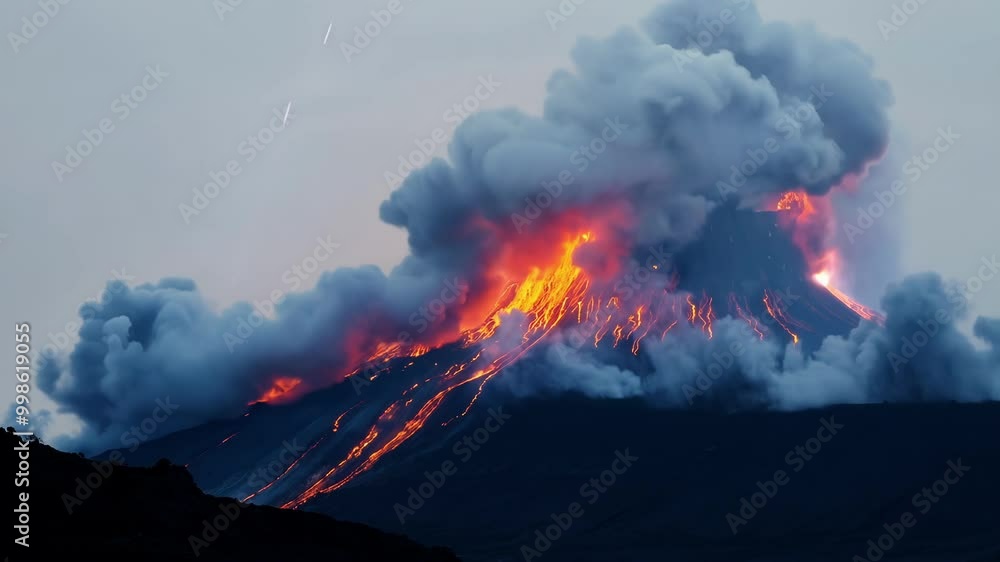 Poster Witness the awe inspiring spectacle of a volcano erupting, sending streams of lava and ash into the sky, showcasing the raw power and beauty of nature in a fiery landscape