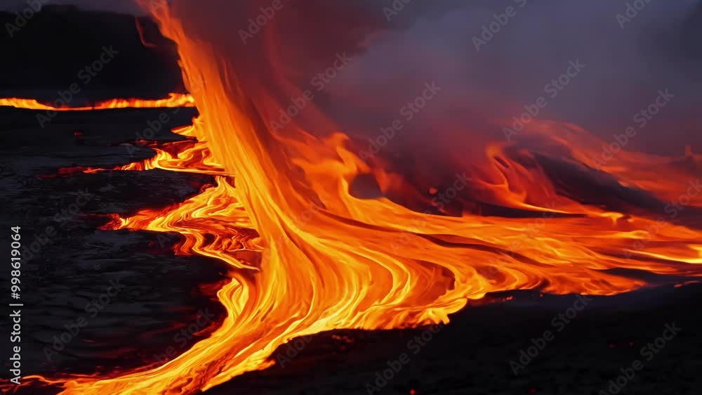 Poster molten lava is flowing from an erupting volcano at night, creating a scene of both beauty and destru