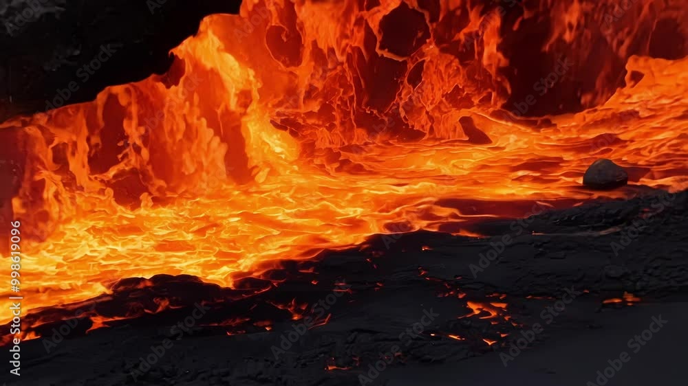 Poster witness mesmerizing red hot lava flowing down a volcano, creating captivating textures and patterns,
