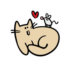 Cartoon friendly kitten is playing with a mouse. Vector illustration of a funny pet predator caught a rodent and fell in love. Friends in wild nature or home life. Cat and food with heart.