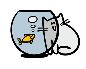 A gray kitten hides behind a large aquarium with water. A vector fish swims and looks at the cat. Funny animals are friends and smile to each other.