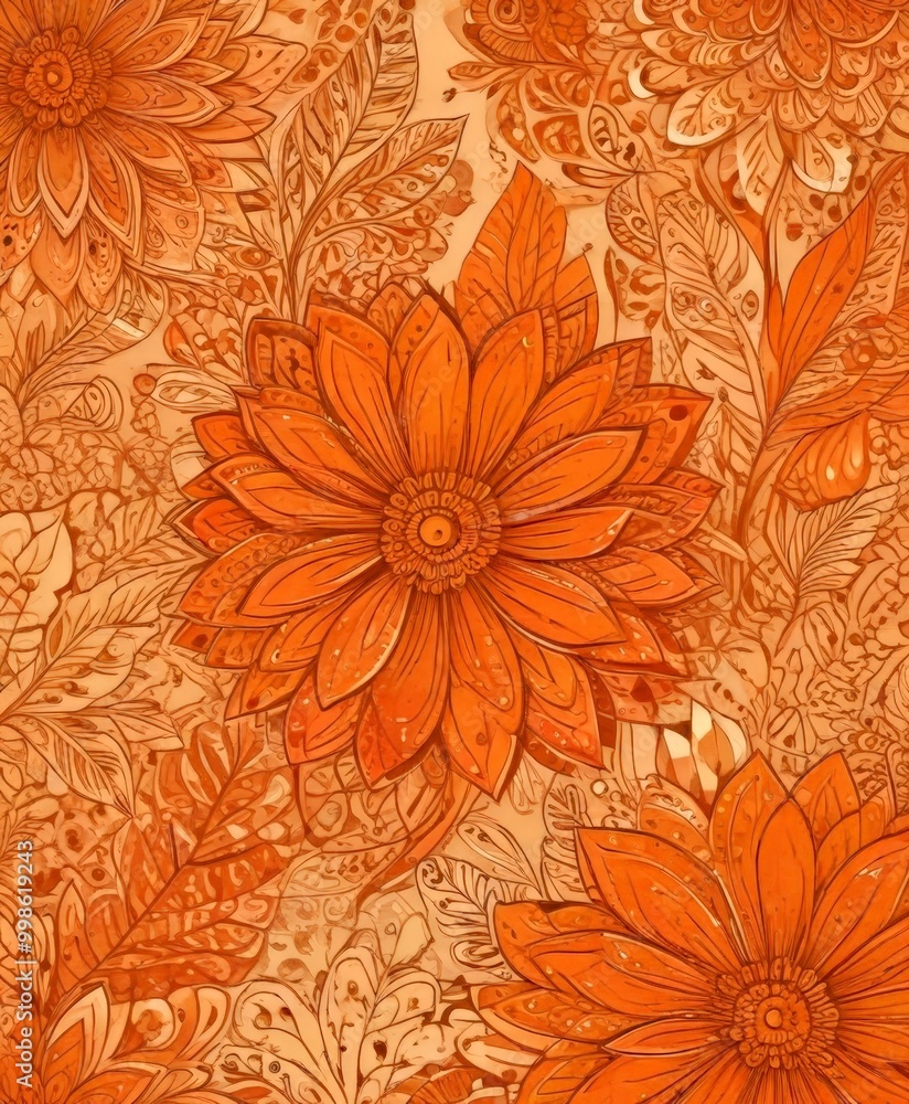 Poster a repeating pattern of large orange flowers with intricate designs, set against a beige background