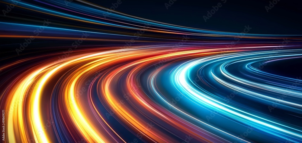 Poster dynamic light streaks in vibrant colors following a smooth curve, creating a sense of fast movement 