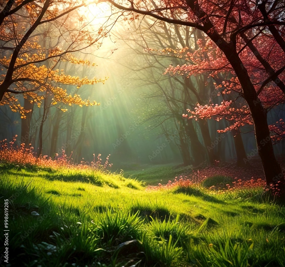 Poster a serene forest scene with sunlight filtering through the trees, casting a warm glow on the grass an